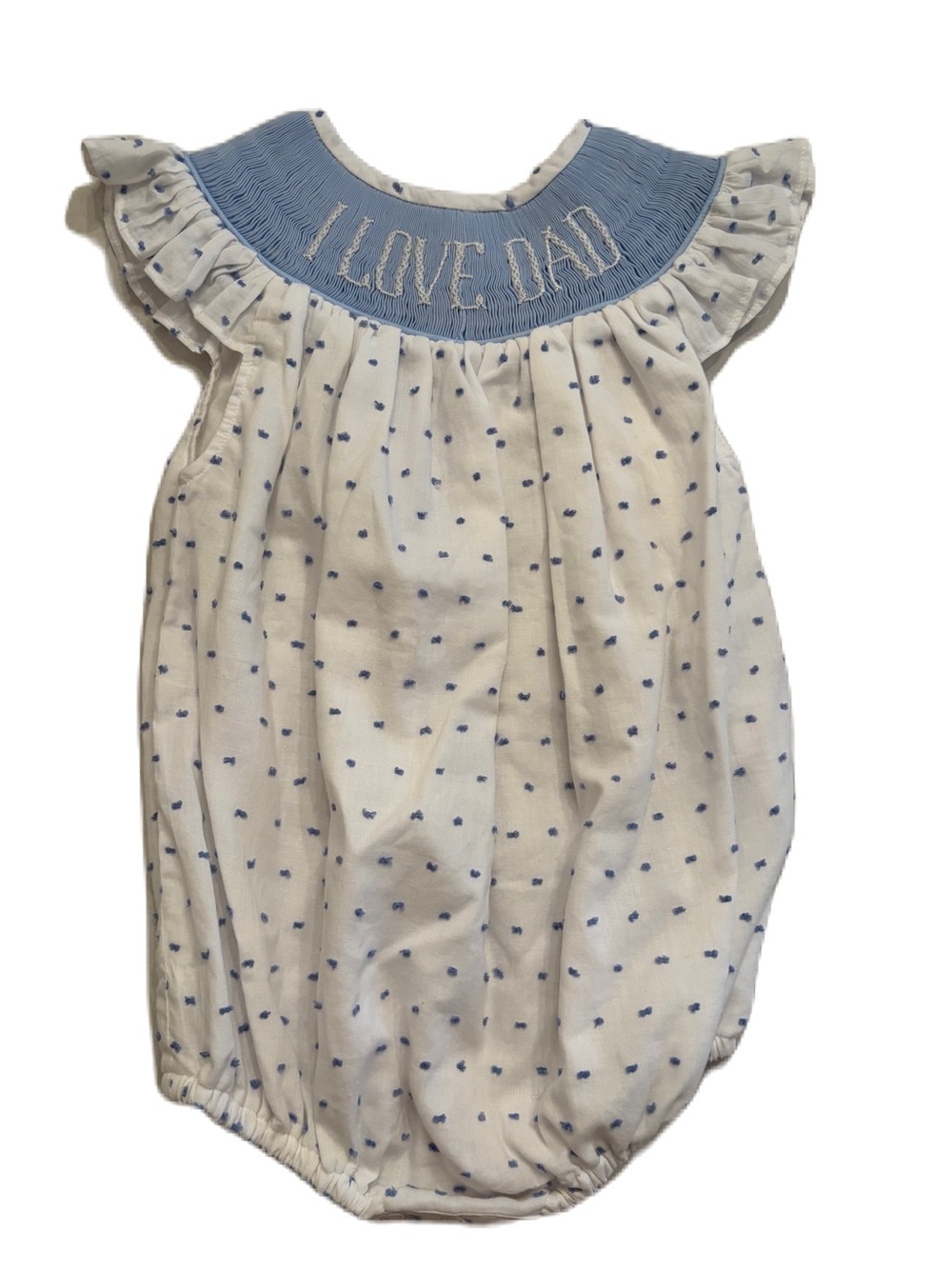Classic Southern Smocks Bubble Romper with Blue Yoke and 'I LOVE DAD' Embroidery